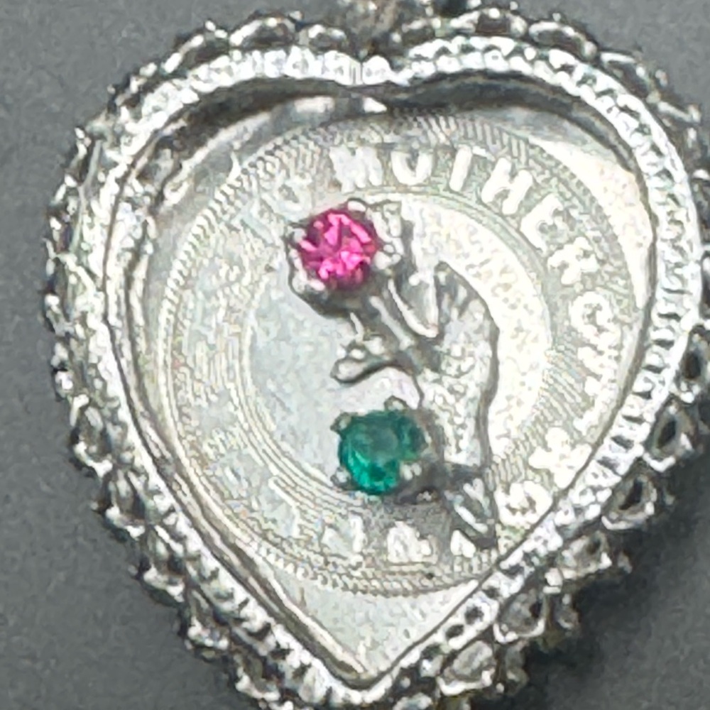 Silver Heart Mother Pendant with Pink Tourmaline and Emerald.